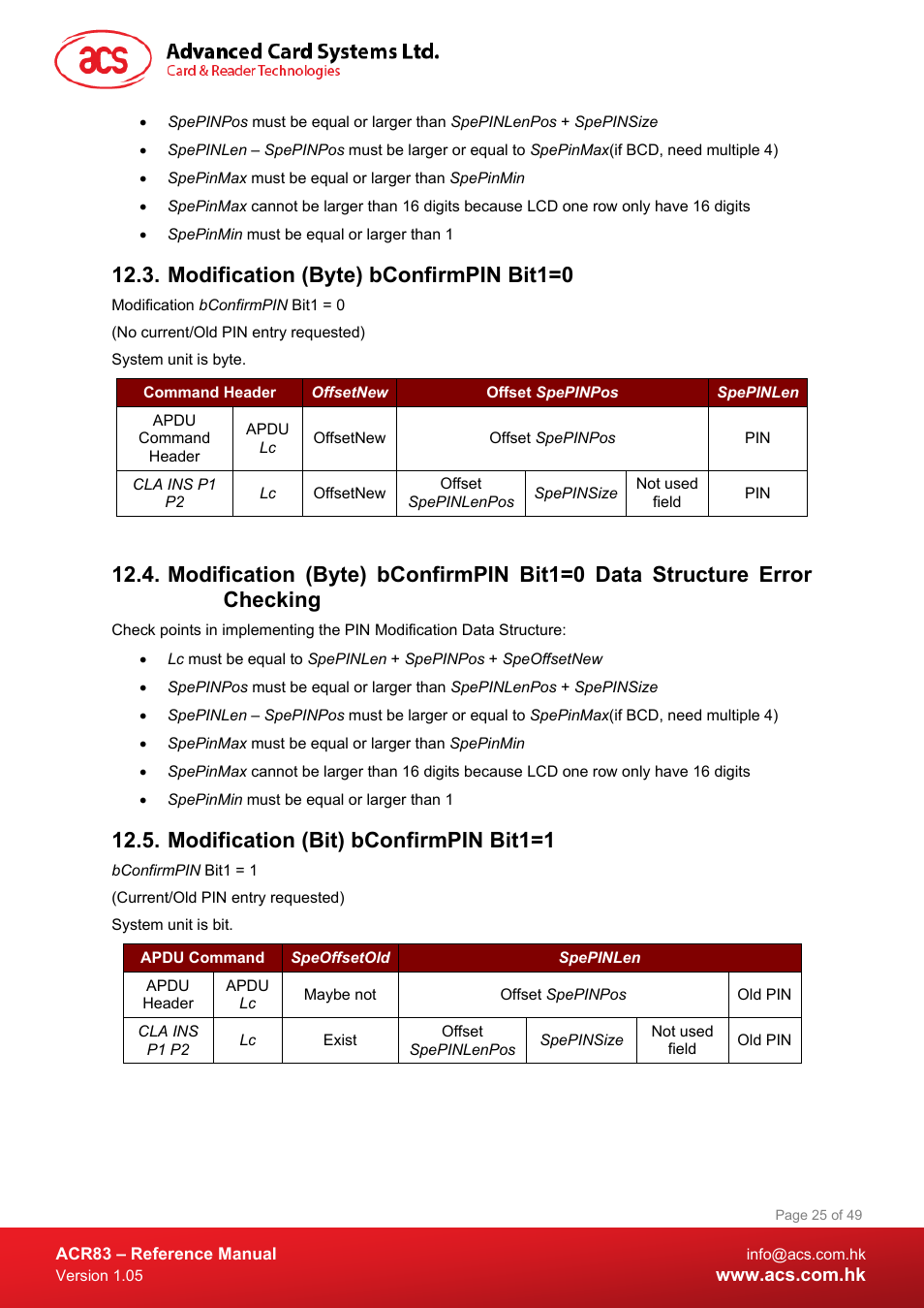 Modification (byte) bconfirmpin bit1=0, Modification (bit) bconfirmpin bit1=1 | ACS ACR83 PINeasy Smart Card Reader User Manual | Page 25 / 49