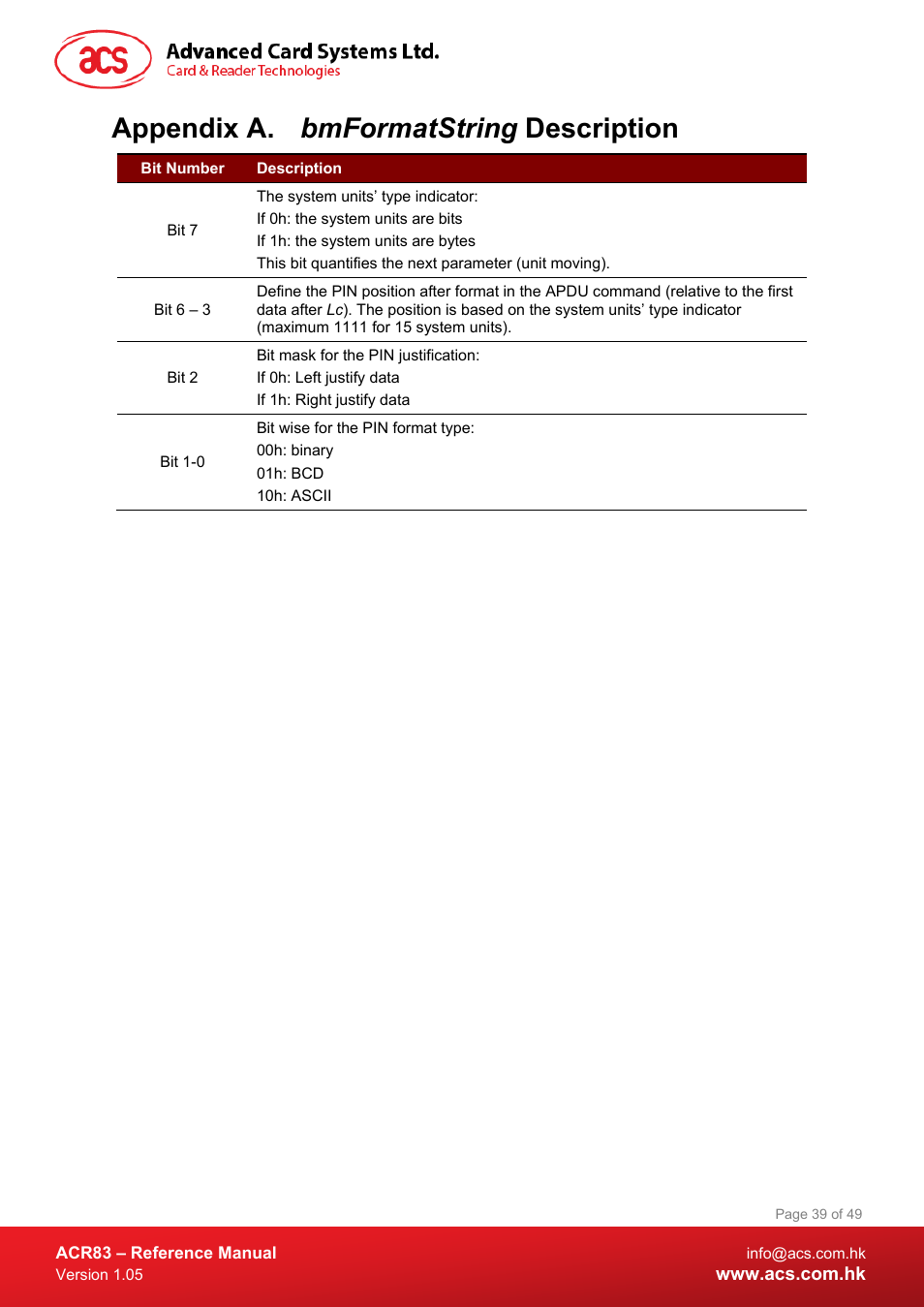 Bmformatstring description, Appendix a. bmformatstring description | ACS ACR83 PINeasy Smart Card Reader User Manual | Page 39 / 49