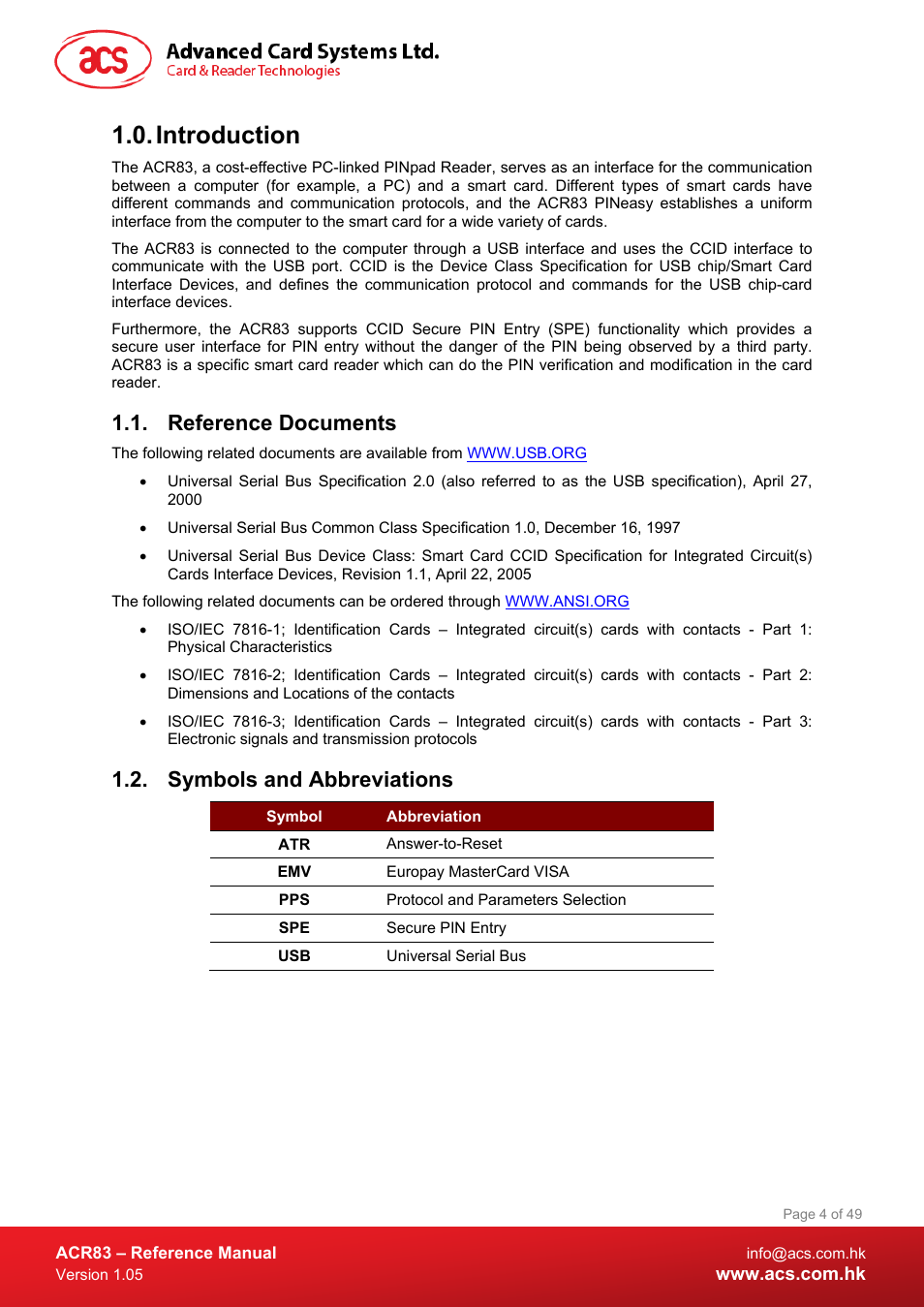 Introduction, Reference documents, Symbols and abbreviations | ACS ACR83 PINeasy Smart Card Reader User Manual | Page 4 / 49