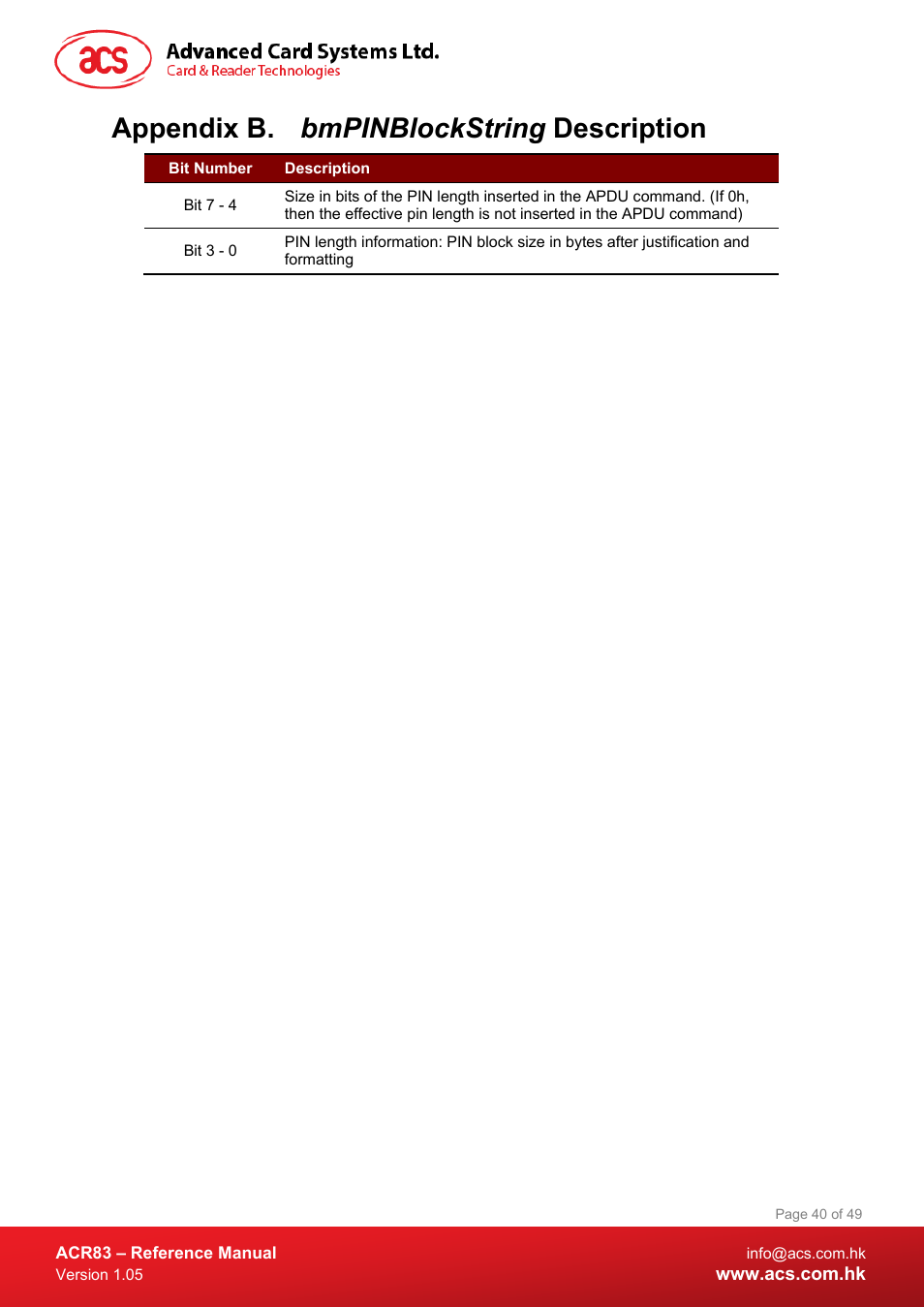 Bmpinblockstring description, Appendix b. bmpinblockstring description | ACS ACR83 PINeasy Smart Card Reader User Manual | Page 40 / 49