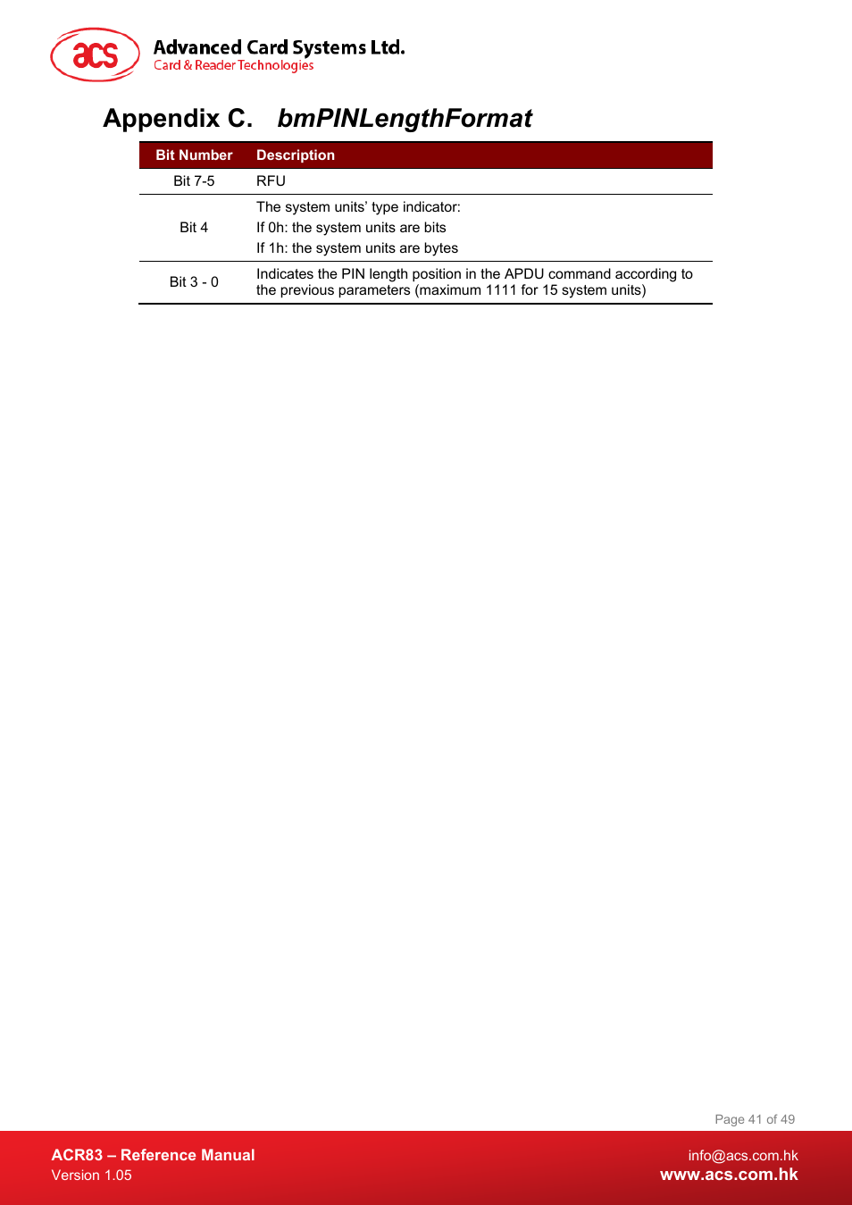 Bmpinlengthformat, Appendix c. bmpinlengthformat | ACS ACR83 PINeasy Smart Card Reader User Manual | Page 41 / 49