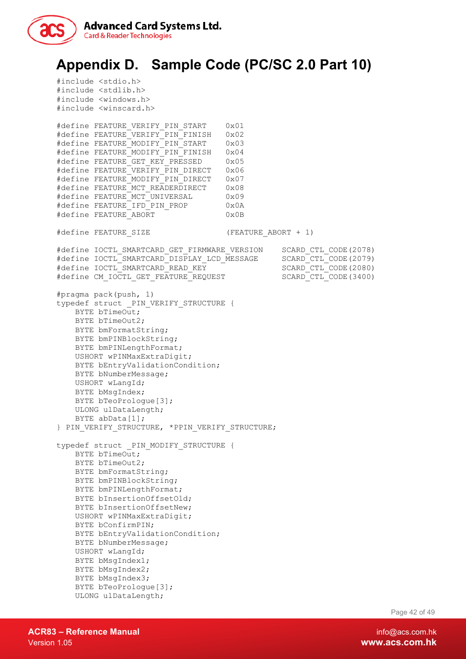 Sample code (pc/sc 2.0 part 10), Appendix d. sample code (pc/sc 2.0 part 10) | ACS ACR83 PINeasy Smart Card Reader User Manual | Page 42 / 49