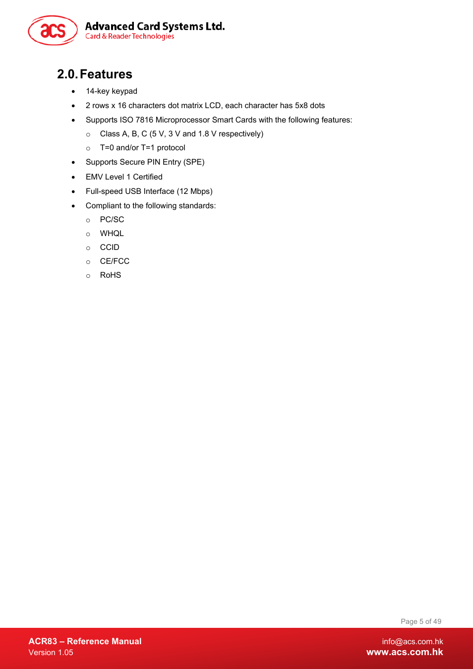 Features | ACS ACR83 PINeasy Smart Card Reader User Manual | Page 5 / 49