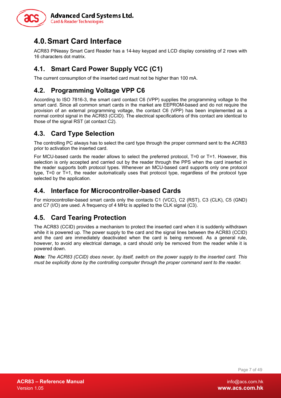 Smart card interface, Smart card power supply vcc (c1), Programming voltage vpp c6 | Card type selection, Interface for microcontroller-based cards, Card tearing protection | ACS ACR83 PINeasy Smart Card Reader User Manual | Page 7 / 49