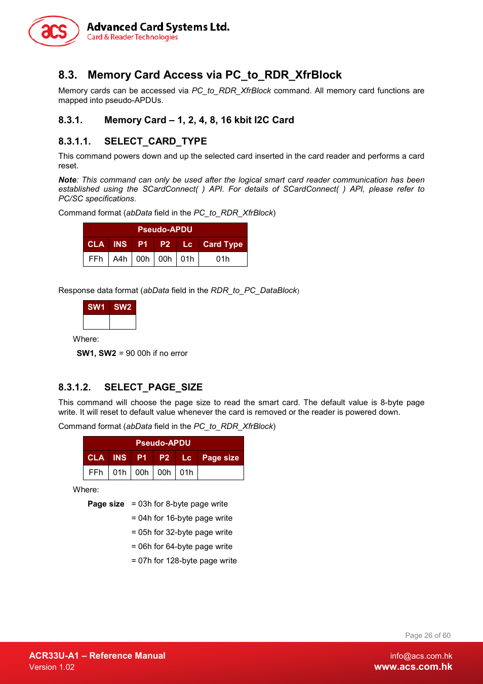 Memory card access via pc_to_rdr_xfrblock, Memory card – 1, 2, 4, 8, 16 kbit i2c card, Select_card_type | ACS ACR33U-A1 SmartDuo Smart Card Reader User Manual | Page 26 / 60