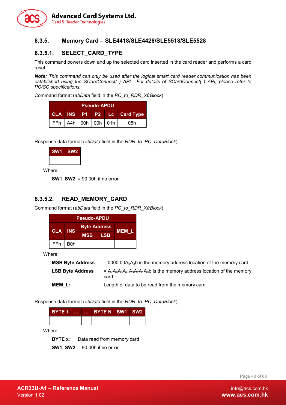 Memory card – sle4418/sle4428/sle5518/sle5528, Select_card_type, Read_memory_card | ACS ACR33U-A1 SmartDuo Smart Card Reader User Manual | Page 40 / 60