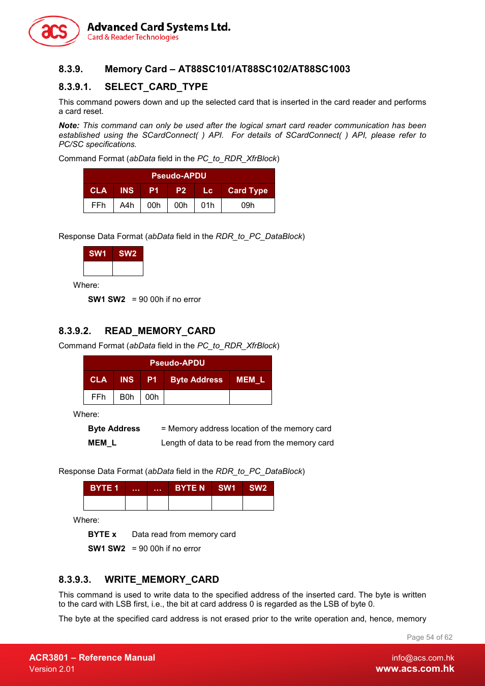 Memory card – at88sc101/at88sc102/at88sc1003, Select_card_type, Read_memory_card | Write_memory_card | ACS ACR3801 Smart Card Reader User Manual | Page 54 / 62