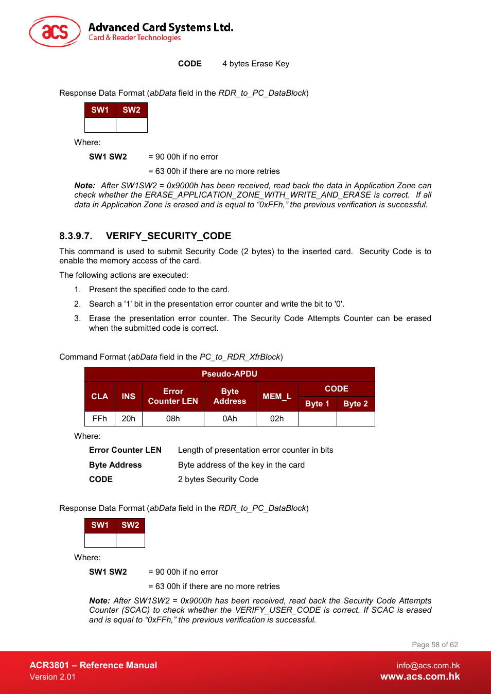 Verify_security_code | ACS ACR3801 Smart Card Reader User Manual | Page 58 / 62