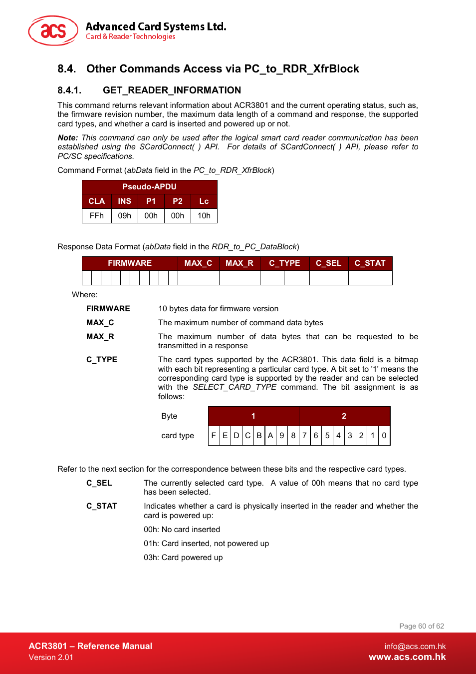 Other commands access via pc_to_rdr_xfrblock, Get_reader_information | ACS ACR3801 Smart Card Reader User Manual | Page 60 / 62