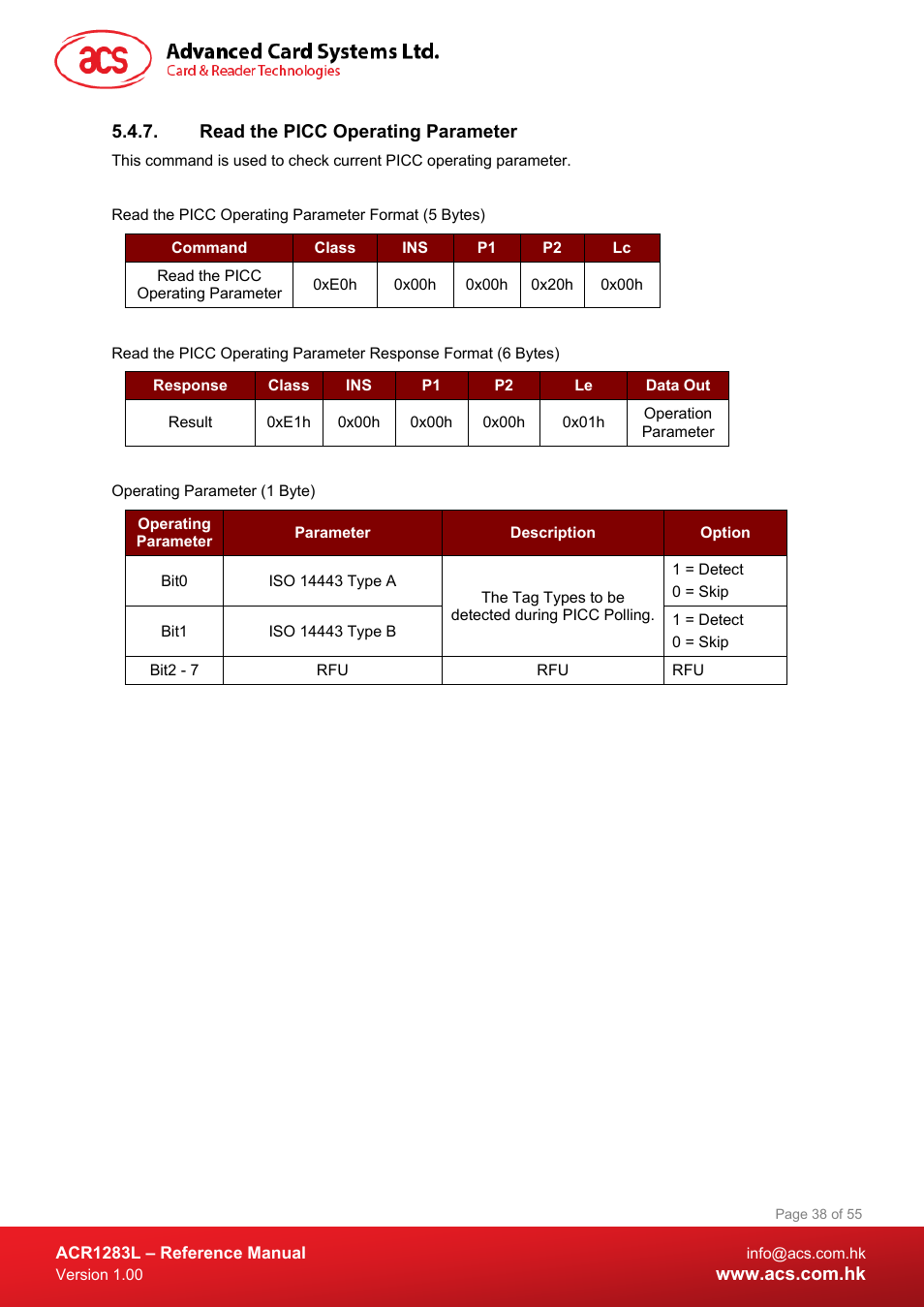 Read the picc operating parameter | ACS ACR1283L User Manual | Page 38 / 55