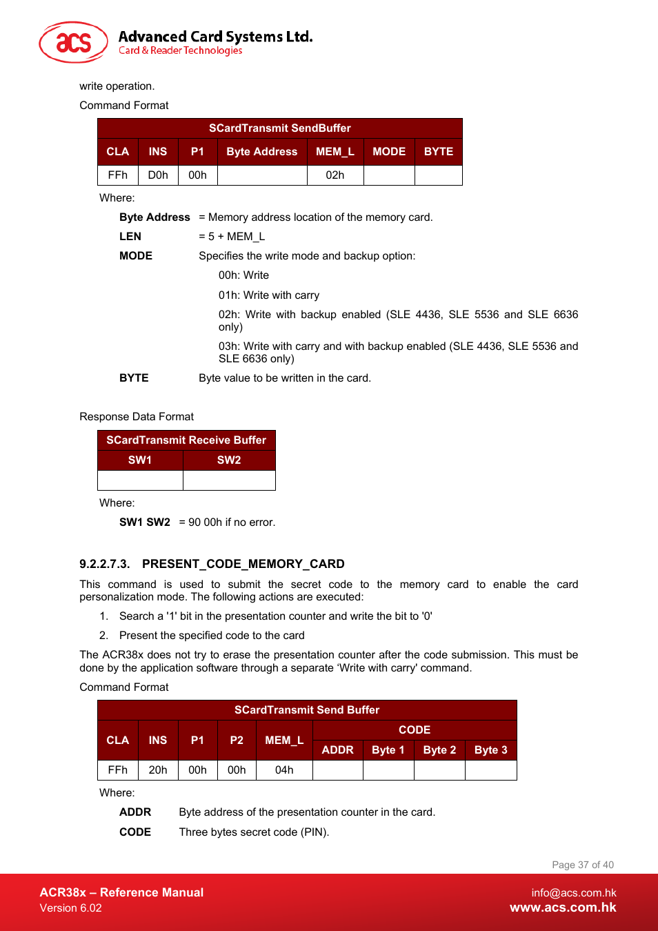 Present_code_memory_card | ACS ACR38 SAM Smart Card Reader User Manual | Page 37 / 40