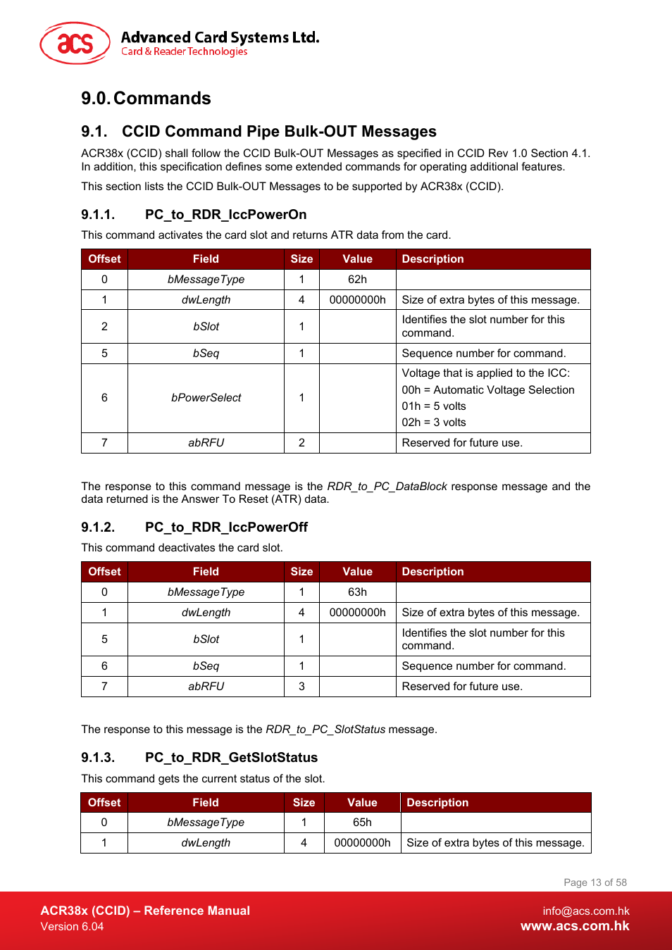 Commands, Ccid command pipe bulk-out messages, Pc_to_rdr_iccpoweron | Pc_to_rdr_iccpoweroff, Pc_to_rdr_getslotstatus | ACS ACR38K Smart Keyboard User Manual | Page 13 / 58