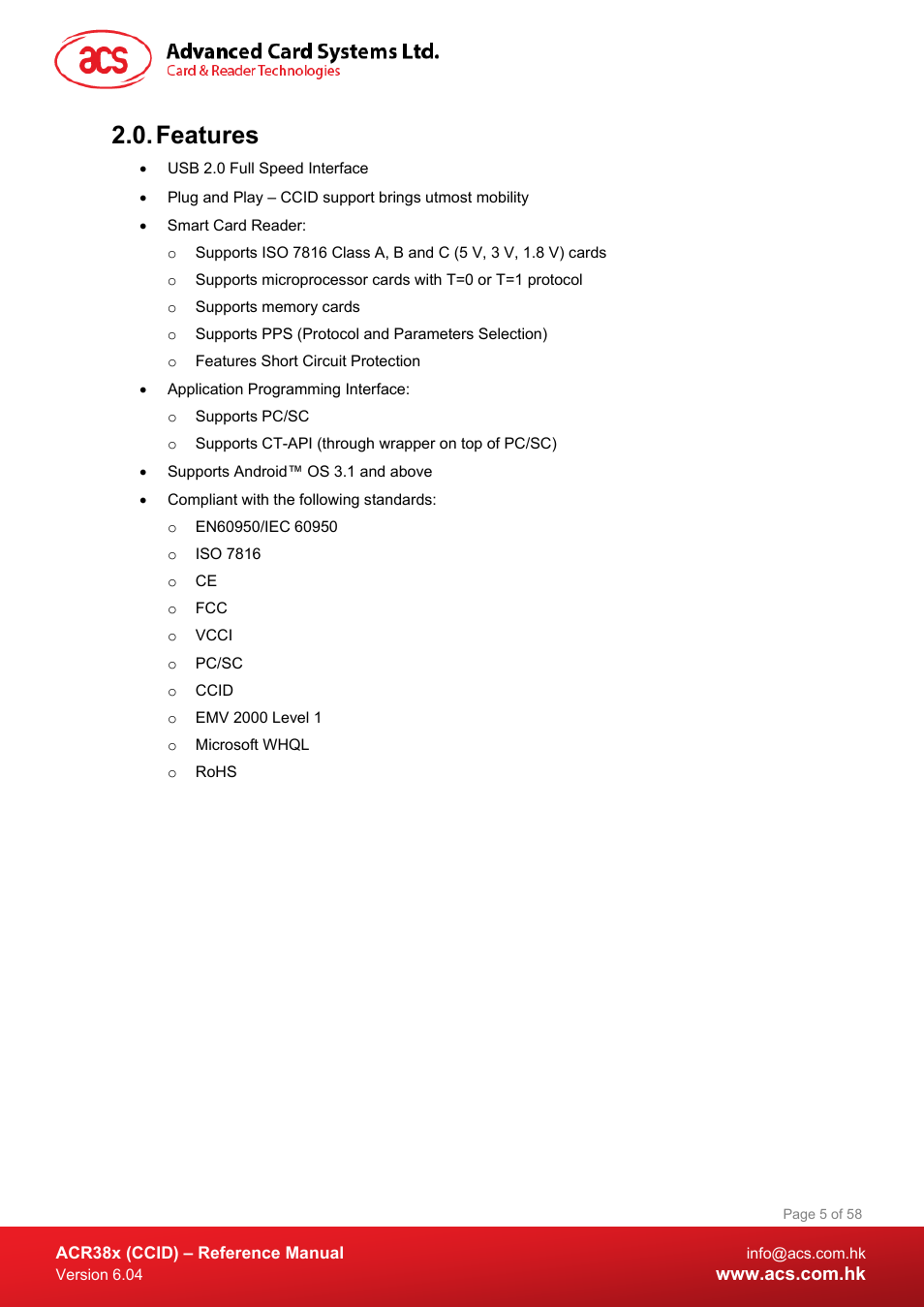 Features | ACS ACR38K Smart Keyboard User Manual | Page 5 / 58
