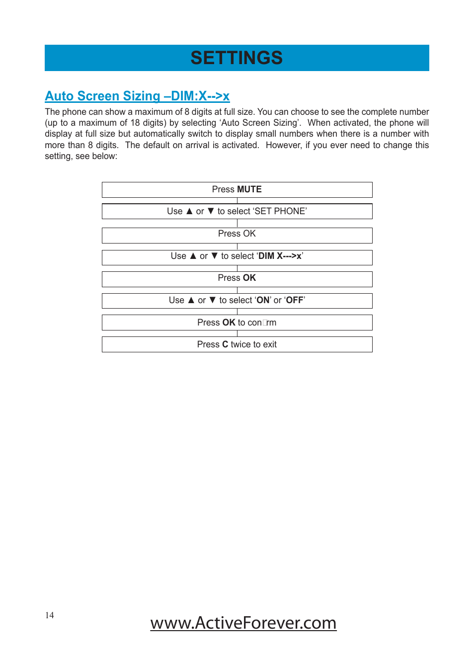 Settings, Auto screen sizing –dim:x-->x | Activeforever Geemarc AMPLI500 Amplified Phone User Manual | Page 14 / 32
