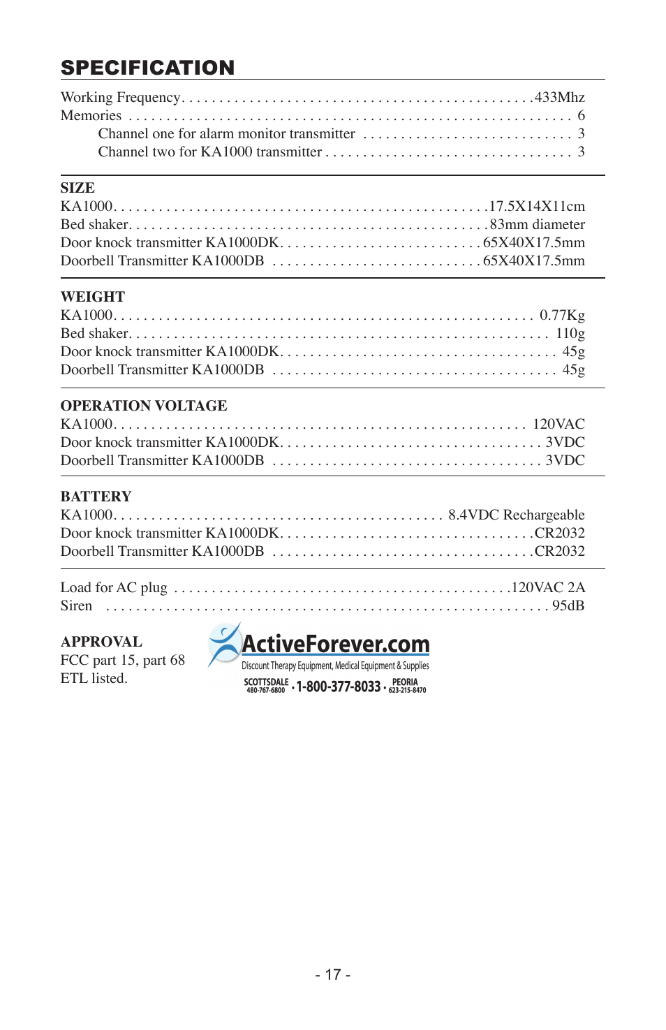 Specification | Activeforever Krown Dual Alarm Clock with Alerting System User Manual | Page 17 / 17