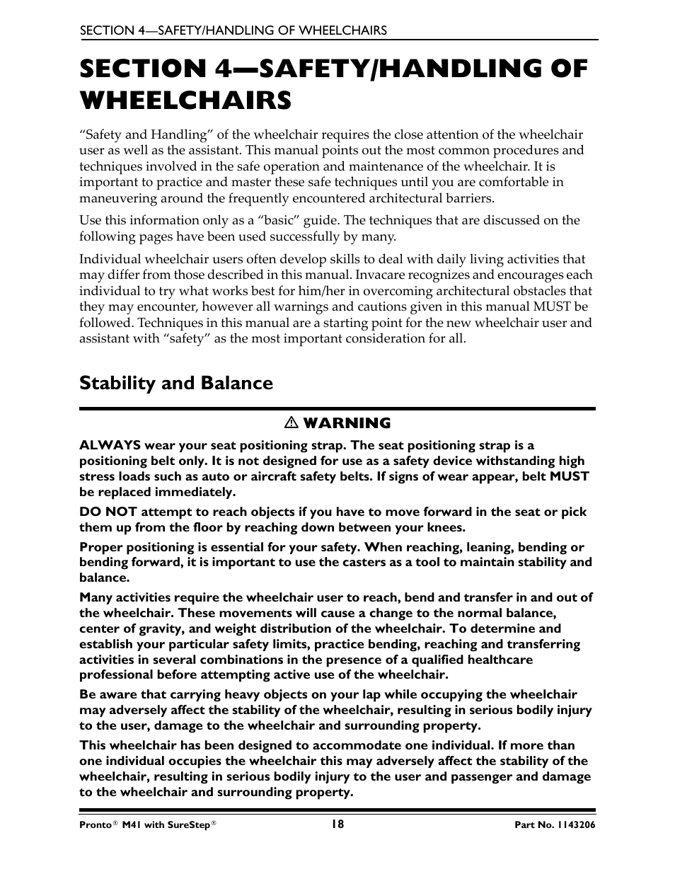 Section 4—safety/handling of wheelchairs, Stability and balance | Activeforever Invacare Pronto M41 Power Wheelchair with Semi Recline Seat User Manual | Page 18 / 69