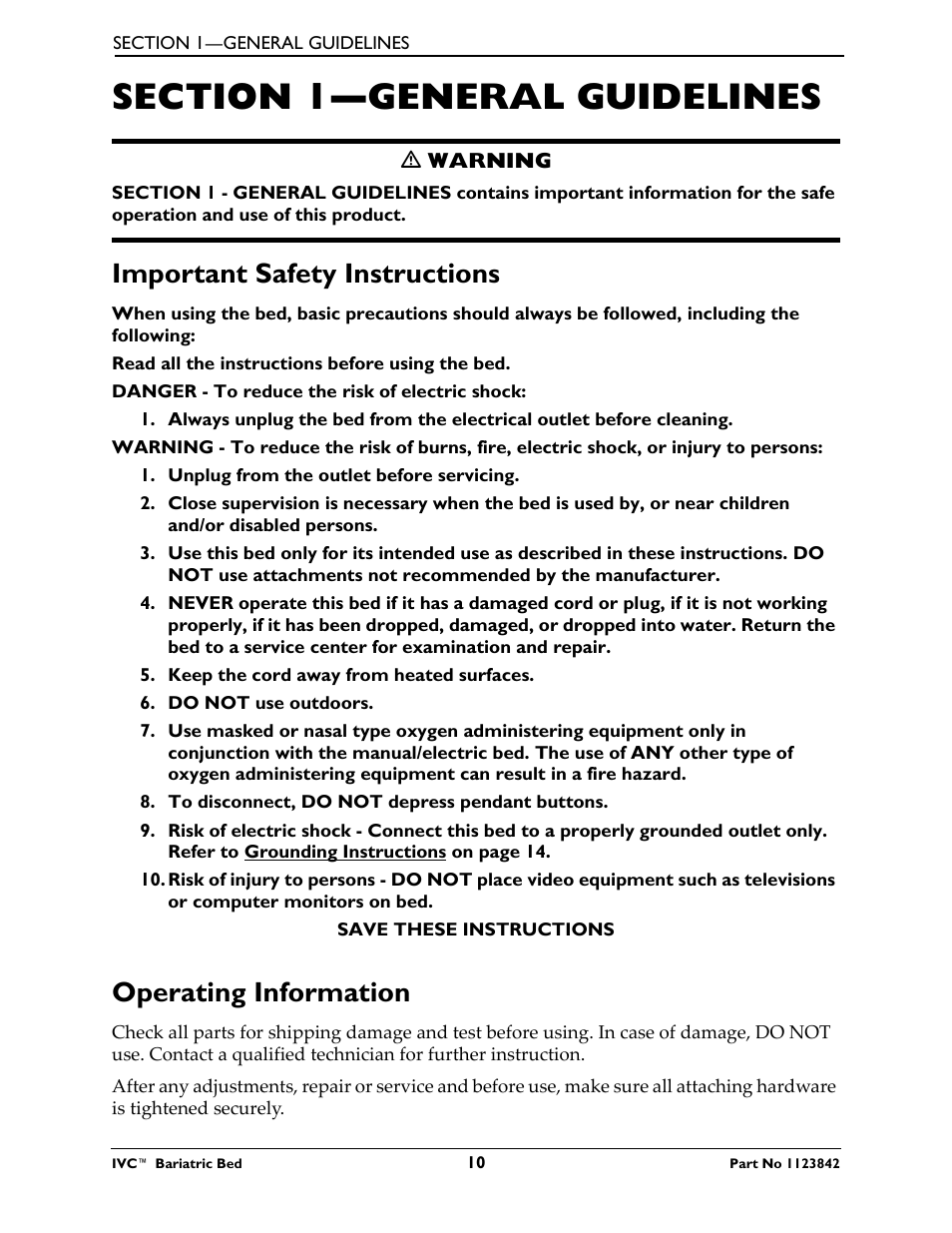 Section 1- general guidelines, Important safety instructions, Operating information | Section 1—general guidelines | Activeforever Invacare Bariatric Electric Hospital Bed (Bariatric Home Care Hospital Bed) User Manual | Page 10 / 40