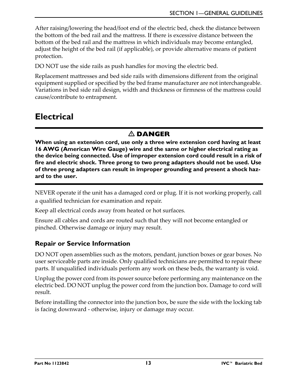 Electrical, Repair or service information | Activeforever Invacare Bariatric Electric Hospital Bed (Bariatric Home Care Hospital Bed) User Manual | Page 13 / 40
