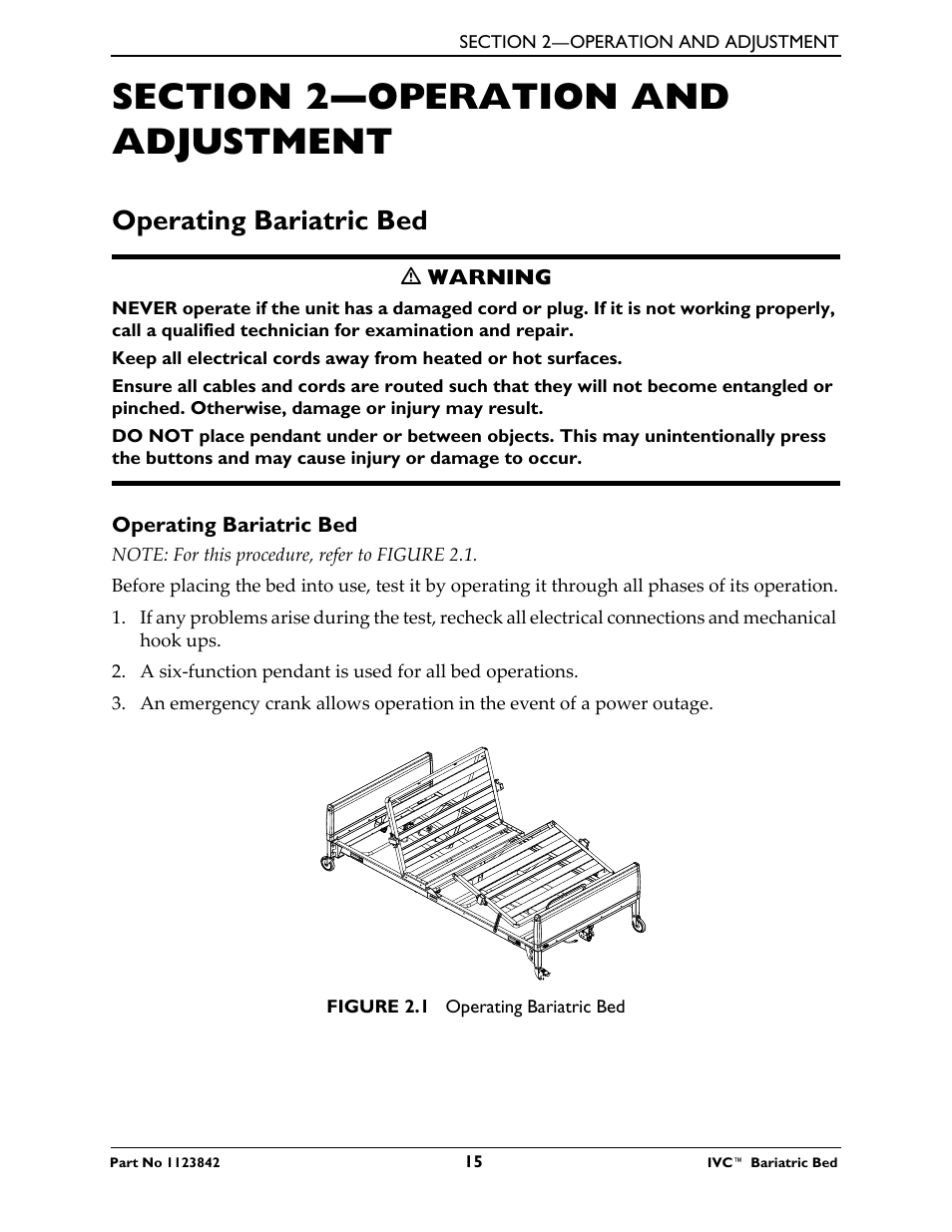 Section 2- operation and adjustment, Operating bariatric bed, Section 2—operation and adjustment | Activeforever Invacare Bariatric Electric Hospital Bed (Bariatric Home Care Hospital Bed) User Manual | Page 15 / 40