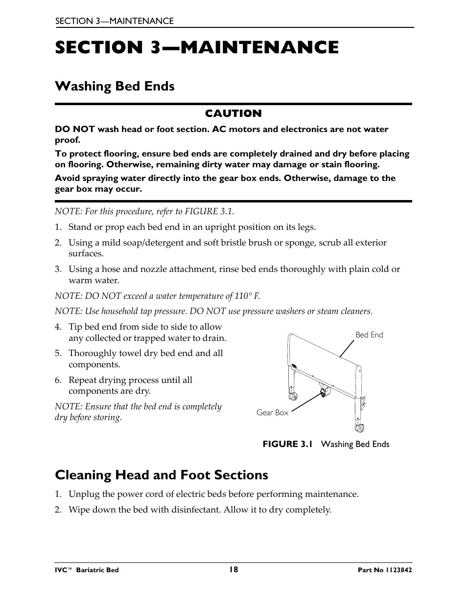 Section 3- maintenance, Washing bed ends, Cleaning head and foot sections | Section 3—maintenance, Washing bed ends cleaning head and foot sections | Activeforever Invacare Bariatric Electric Hospital Bed (Bariatric Home Care Hospital Bed) User Manual | Page 18 / 40