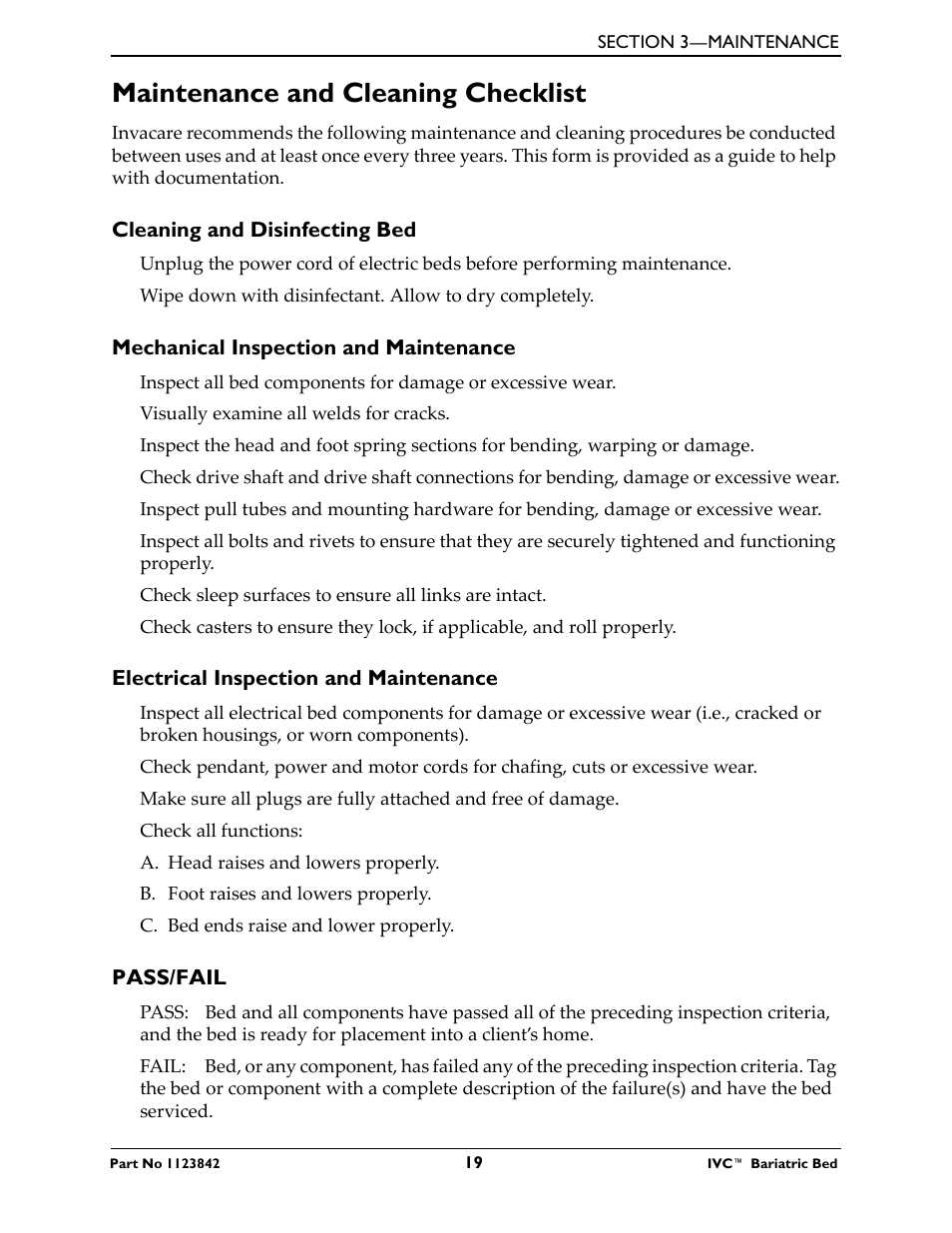 Maintenance and cleaning checklist, Cleaning and disinfecting bed, Mechanical inspection and maintenance | Electrical inspection and maintenance, Pass/fail | Activeforever Invacare Bariatric Electric Hospital Bed (Bariatric Home Care Hospital Bed) User Manual | Page 19 / 40