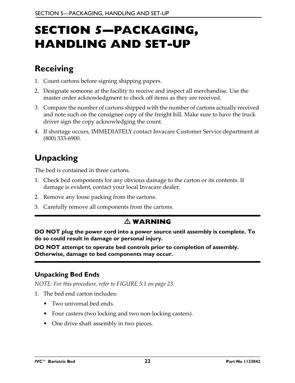 Section 5- packaging, handling and set-up, Receiving, Unpacking | Unpacking bed ends, Section 5—packaging, handling and set-up, Receiving unpacking | Activeforever Invacare Bariatric Electric Hospital Bed (Bariatric Home Care Hospital Bed) User Manual | Page 22 / 40