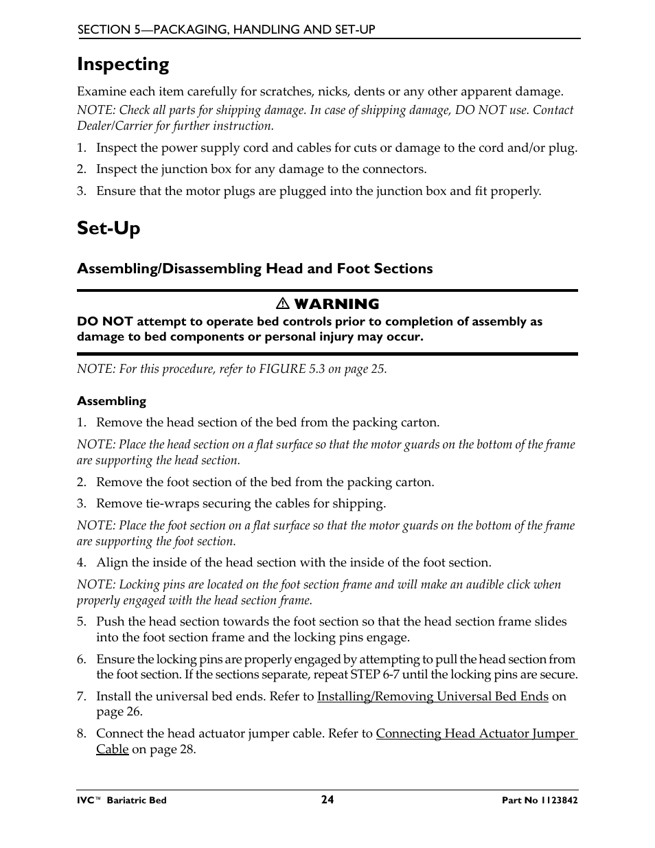 Inspecting, Set-up, Assembling/disassembling head and foot sections | Assembling, Inspecting set-up | Activeforever Invacare Bariatric Electric Hospital Bed (Bariatric Home Care Hospital Bed) User Manual | Page 24 / 40