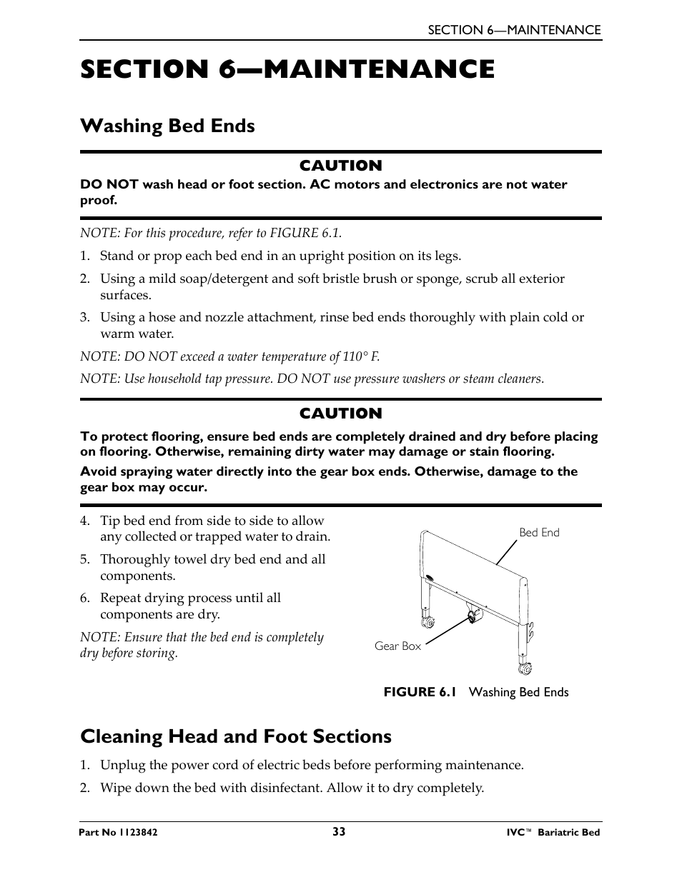 Section 6- maintenance, Washing bed ends, Cleaning head and foot sections | Section 6—maintenance, Washing bed ends cleaning head and foot sections | Activeforever Invacare Bariatric Electric Hospital Bed (Bariatric Home Care Hospital Bed) User Manual | Page 33 / 40