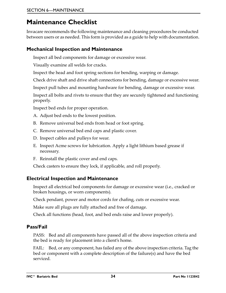 Maintenance checklist, Mechanical inspection and maintenance, Electrical inspection and maintenance | Pass/fail | Activeforever Invacare Bariatric Electric Hospital Bed (Bariatric Home Care Hospital Bed) User Manual | Page 34 / 40
