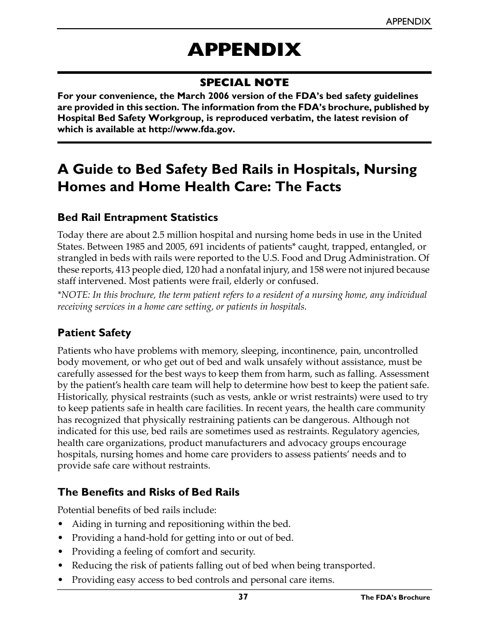 Appendix, Bed rail entrapment statistics, Patient safety | The benefits and risks of bed rails, Facts | Activeforever Invacare Bariatric Electric Hospital Bed (Bariatric Home Care Hospital Bed) User Manual | Page 37 / 40