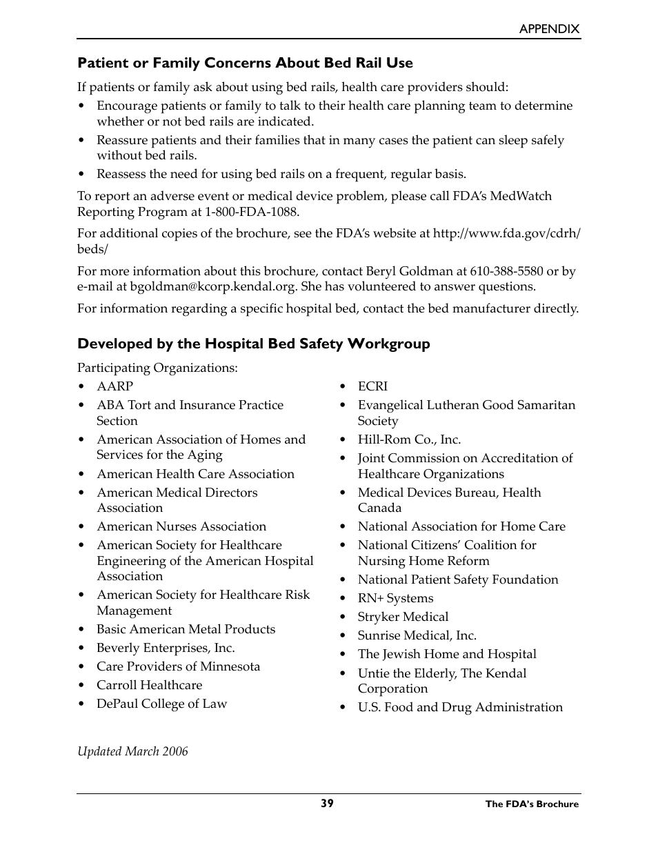 Patient or family concerns about bed rail use, Developed by the hospital bed safety workgroup | Activeforever Invacare Bariatric Electric Hospital Bed (Bariatric Home Care Hospital Bed) User Manual | Page 39 / 40