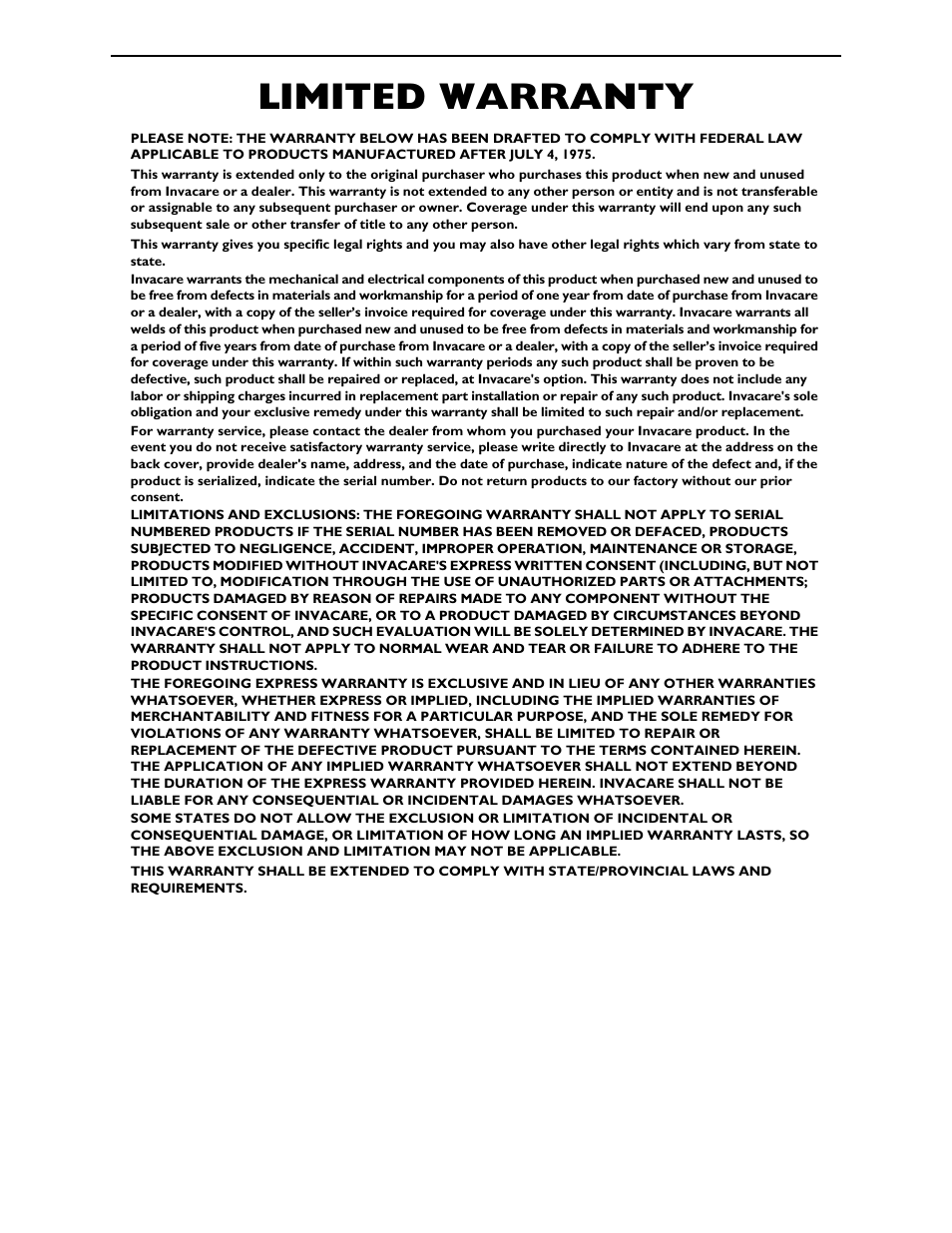 Limited warranty, Part no 1123842 | Activeforever Invacare Bariatric Electric Hospital Bed (Bariatric Home Care Hospital Bed) User Manual | Page 40 / 40