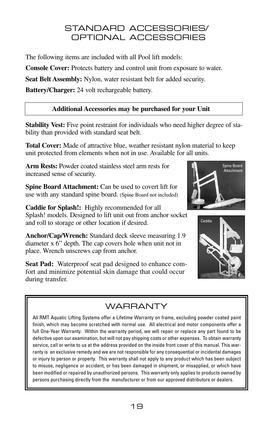 Warranty, Standard accessories/ optional accessories | Activeforever PAL 1000 Portable Aquatic Pool Lift User Manual | Page 20 / 21