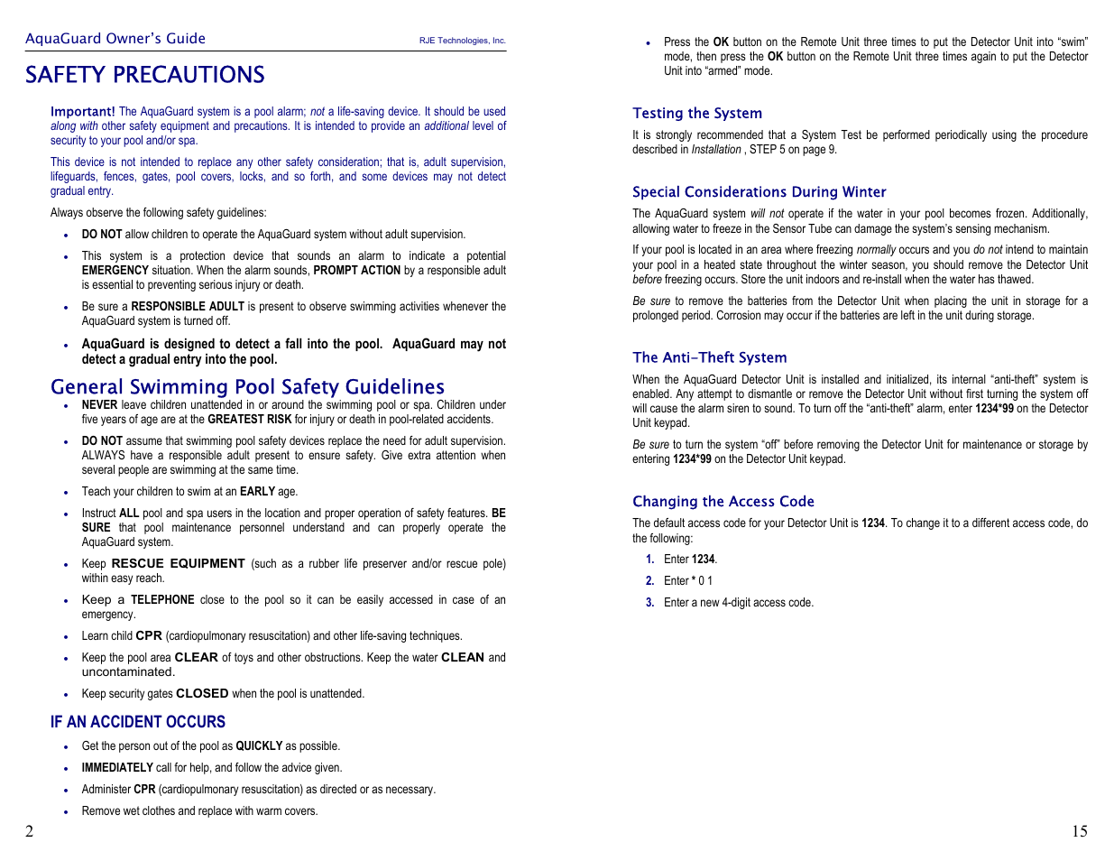 Safety precautions, General swimming pool safety guidelines, If an accident occurs | Activeforever Aquaguard Pool Alarm System User Manual | Page 4 / 10