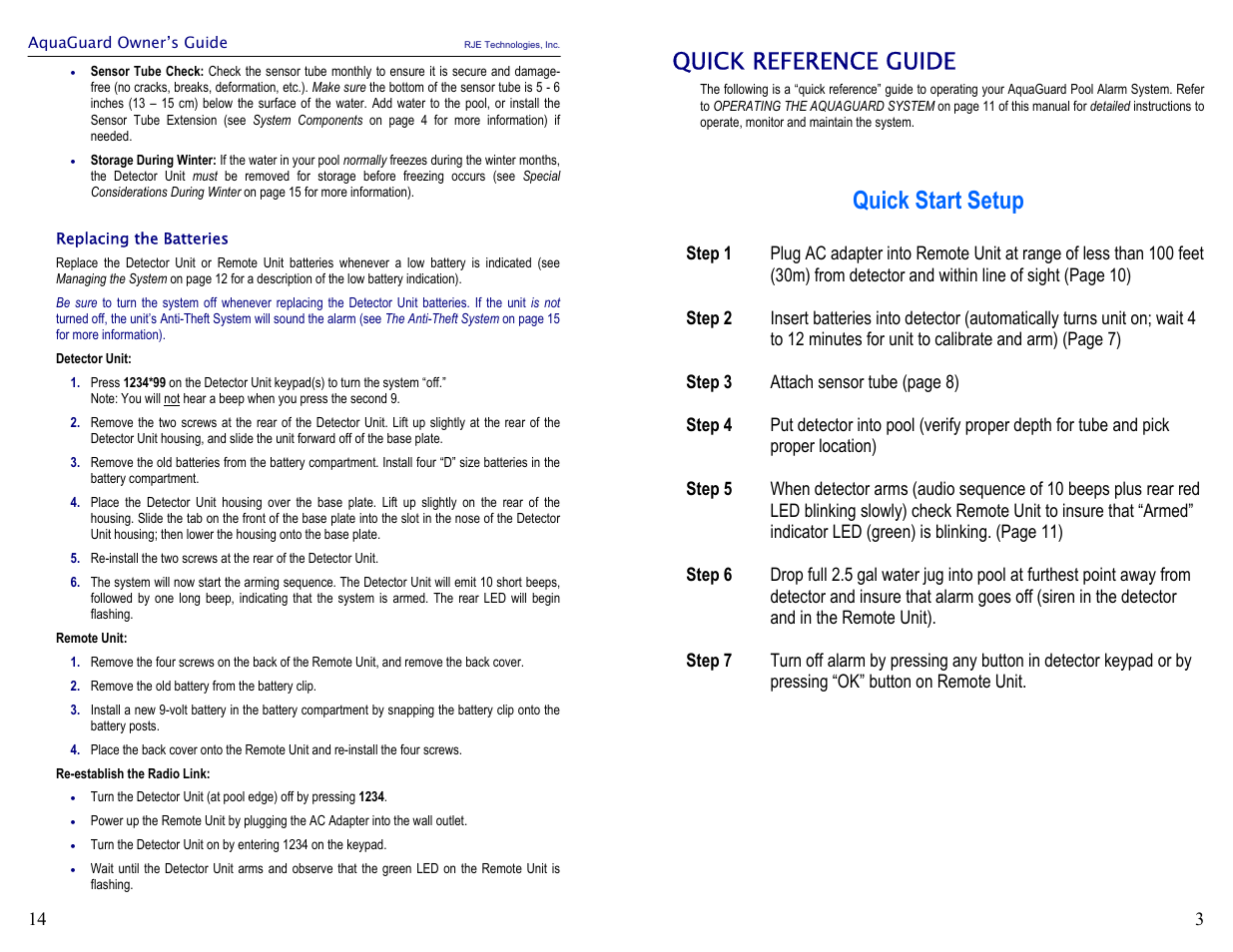 Quick start setup, Quick reference guide | Activeforever Aquaguard Pool Alarm System User Manual | Page 5 / 10