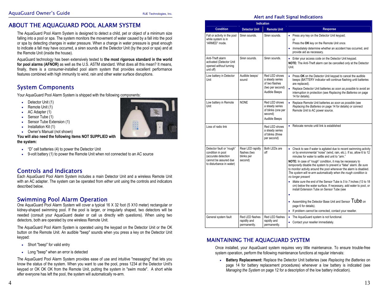 4about the aquaguard pool alarm system, System components, Controls and indicators | Swimming pool alarm operation, Tube, Maintaining the aquaguard system | Activeforever Aquaguard Pool Alarm System User Manual | Page 6 / 10