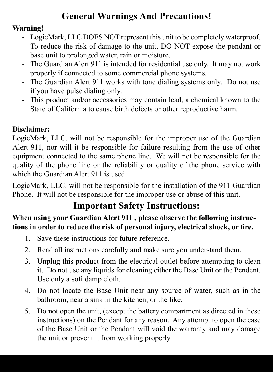 General warnings and precautions, Important safety instructions | Activeforever LogicMark Guardian Alert 911 Emergency Alert System User Manual | Page 14 / 15