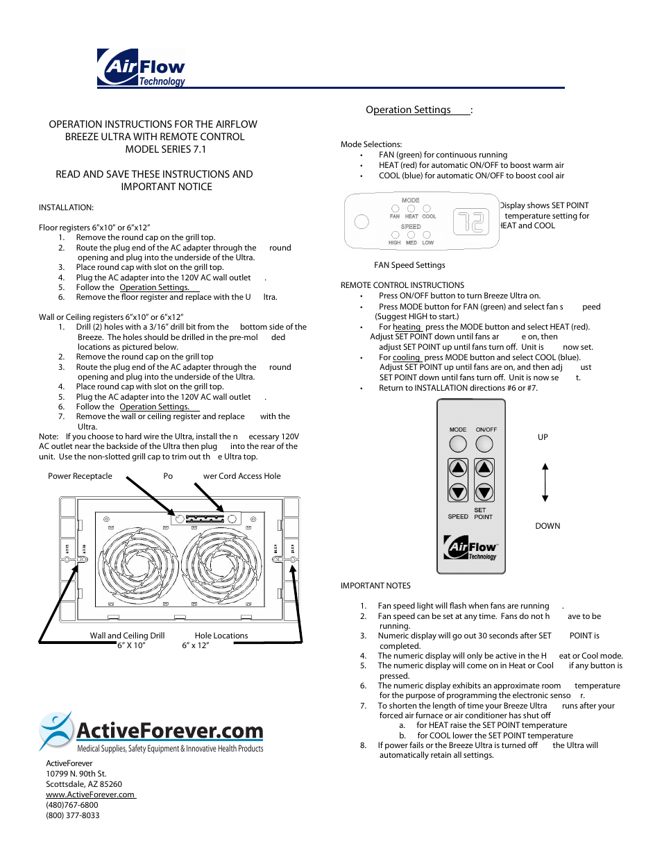 Activeforever AirFlow Breeze Ultra Register Booster Fan User Manual | 1 page