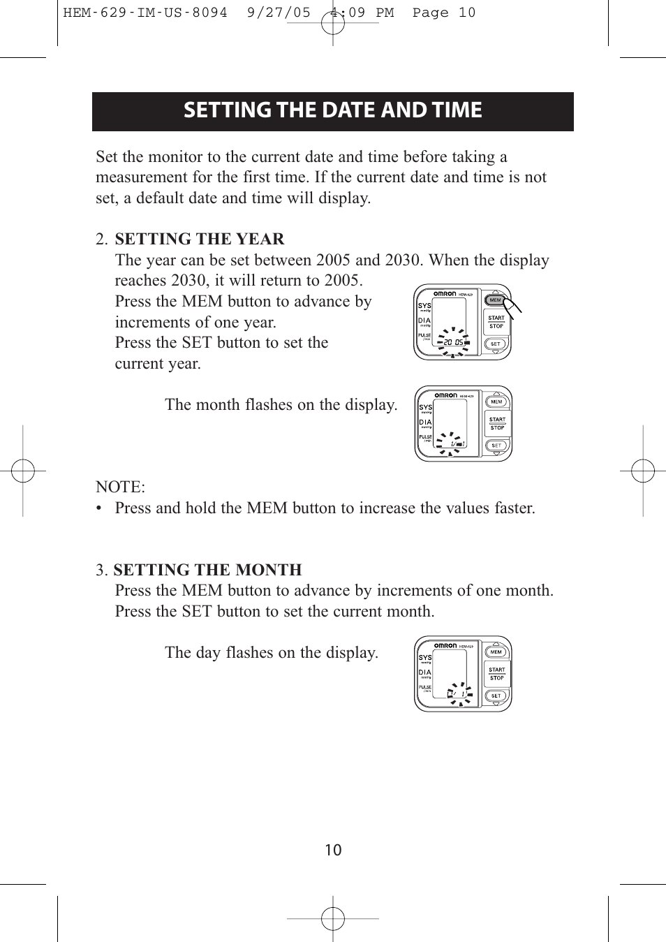 Setting the date and time | Activeforever Omron HEM-629 Wrist Blood Pressure Monitor User Manual | Page 10 / 22