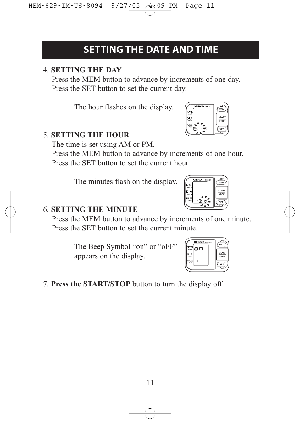 Setting the date and time | Activeforever Omron HEM-629 Wrist Blood Pressure Monitor User Manual | Page 11 / 22