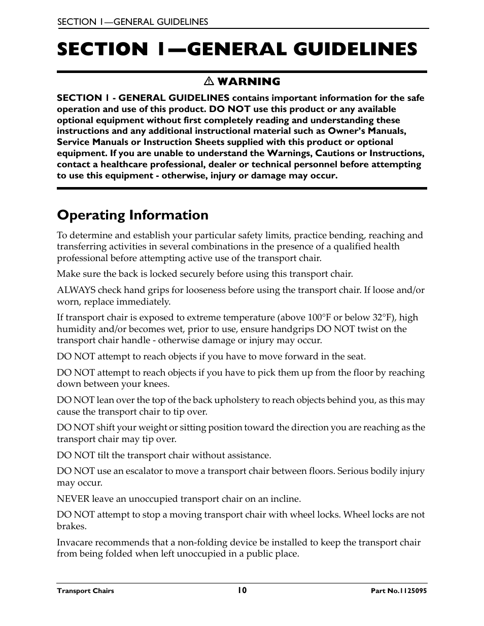 Section 1—general guidelines, Operating information | Activeforever Invacare Lightweight Aluminum Transport Chair User Manual | Page 10 / 36