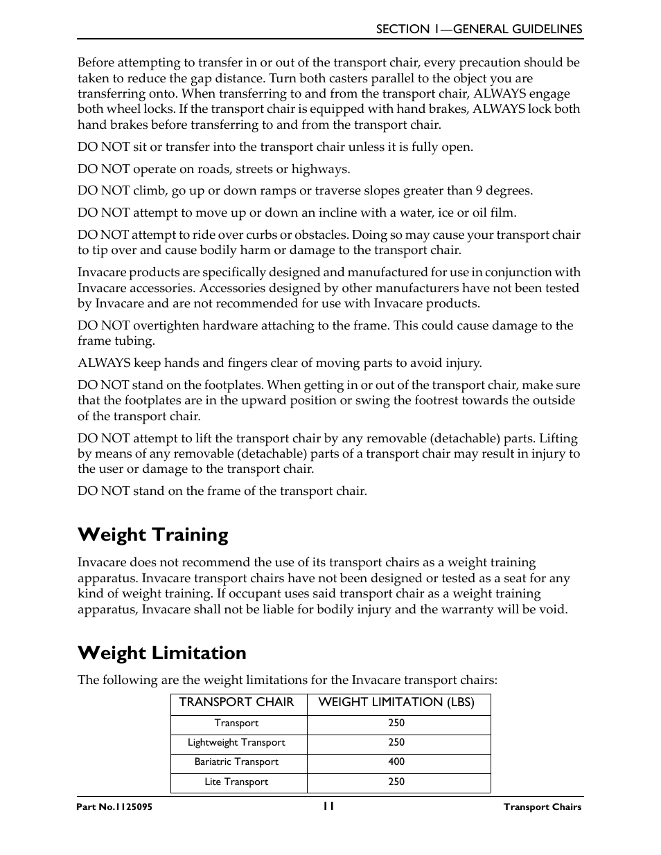 Weight training weight limitation, Weight training, Weight limitation | Activeforever Invacare Lightweight Aluminum Transport Chair User Manual | Page 11 / 36