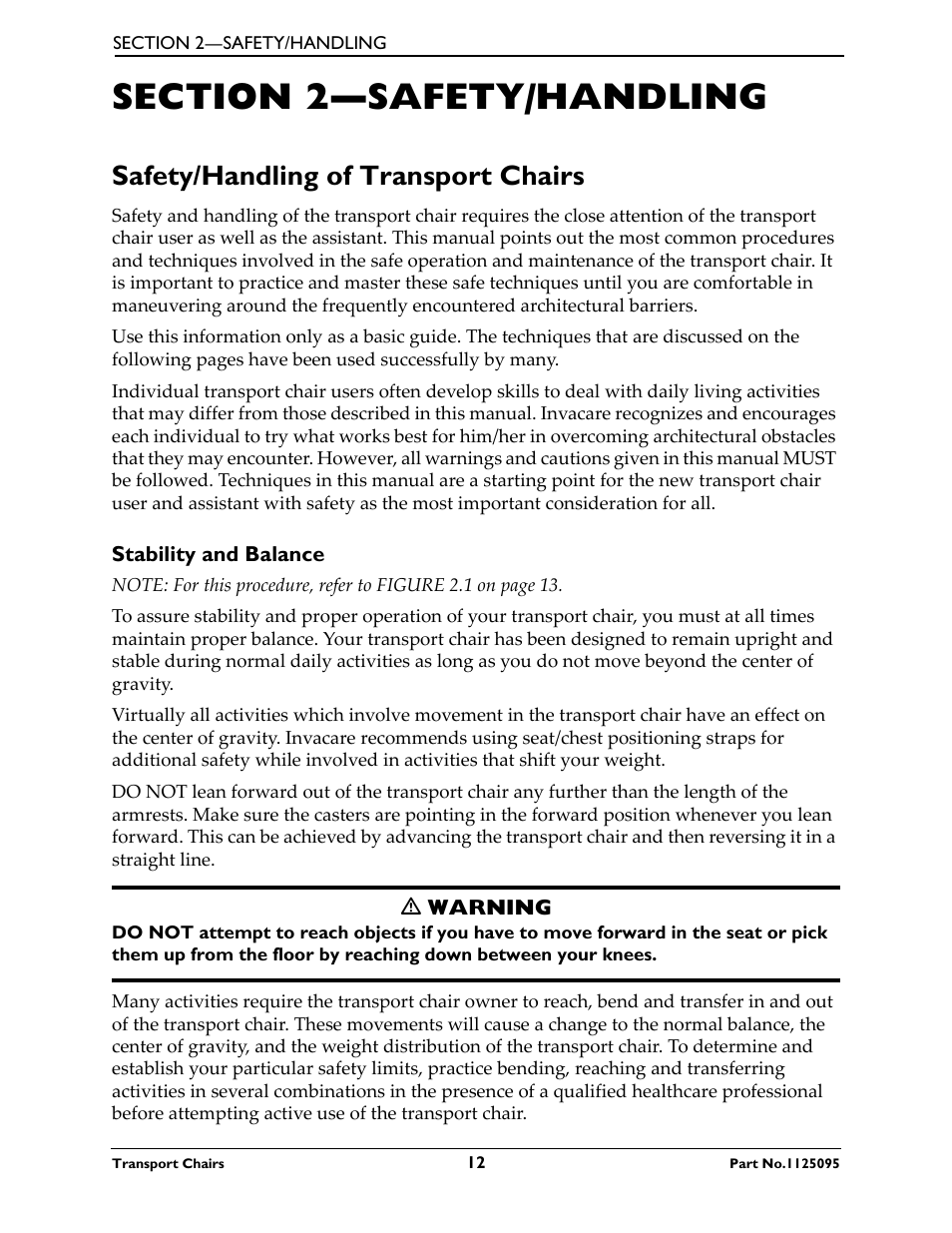 Section 2—safety/handling, Safety/handling of transport chairs, Stability and balance | Activeforever Invacare Lightweight Aluminum Transport Chair User Manual | Page 12 / 36