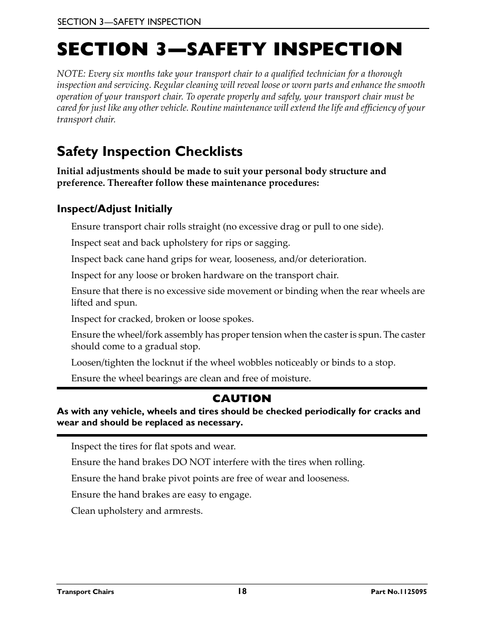 Section 3—safety inspection, Safety inspection checklists, Inspect/adjust initially | Activeforever Invacare Lightweight Aluminum Transport Chair User Manual | Page 18 / 36