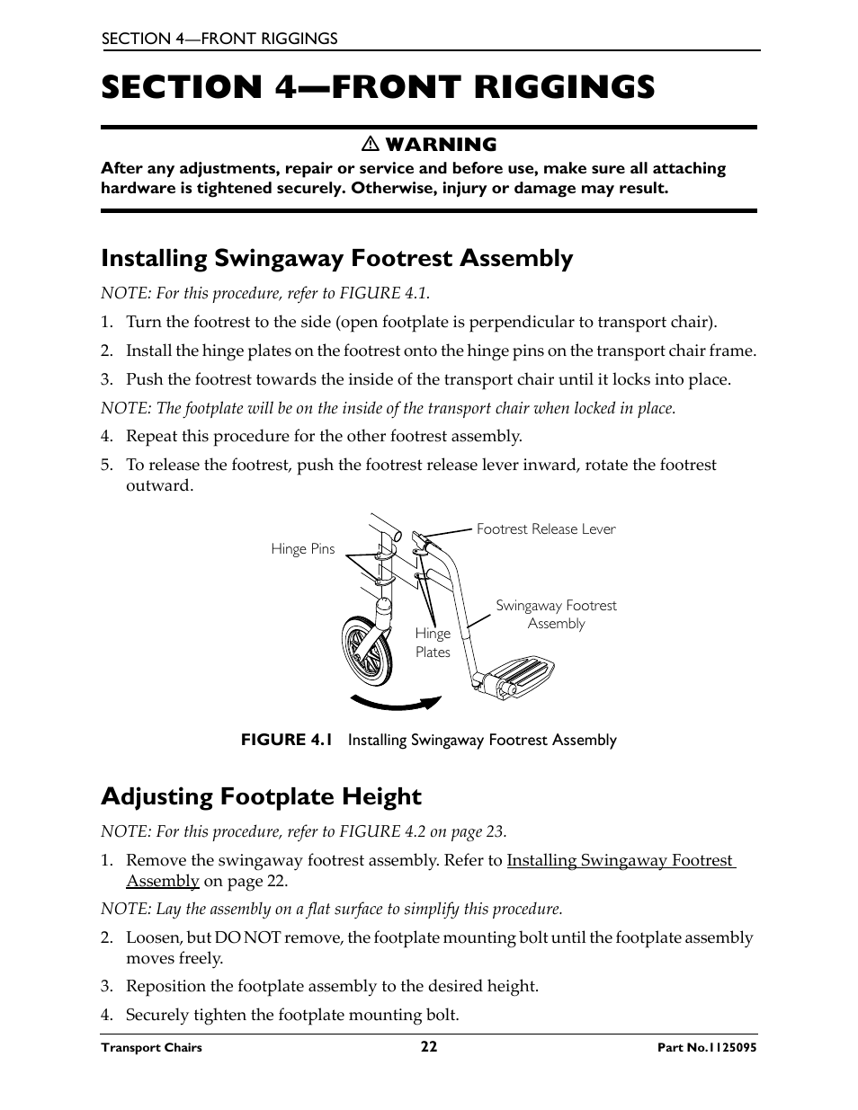 Section 4—front riggings, Installing swingaway footrest assembly, Adjusting footplate height | Activeforever Invacare Lightweight Aluminum Transport Chair User Manual | Page 22 / 36