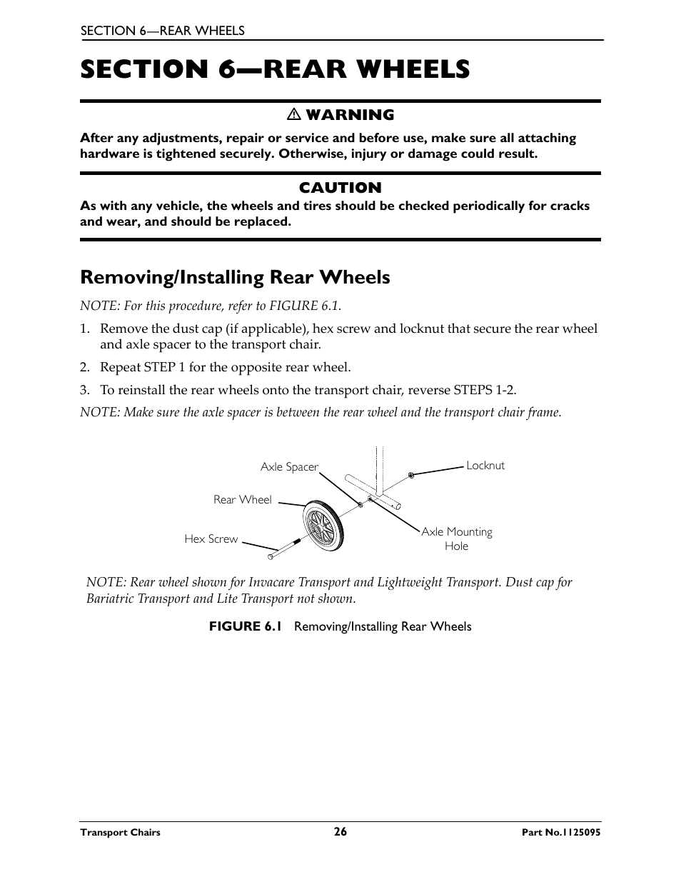 Section 6—rear wheels, Removing/installing rear wheels | Activeforever Invacare Lightweight Aluminum Transport Chair User Manual | Page 26 / 36