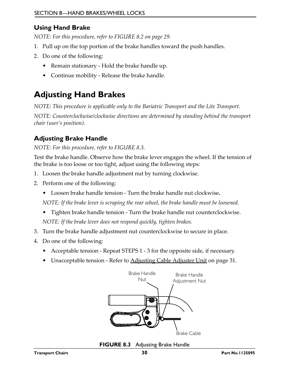 Using hand brake, Adjusting hand brakes, Adjusting brake handle | Using, Hand brake | Activeforever Invacare Lightweight Aluminum Transport Chair User Manual | Page 30 / 36