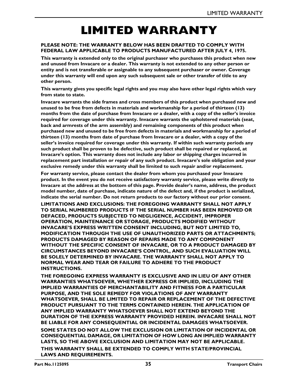 Limited warranty | Activeforever Invacare Lightweight Aluminum Transport Chair User Manual | Page 35 / 36