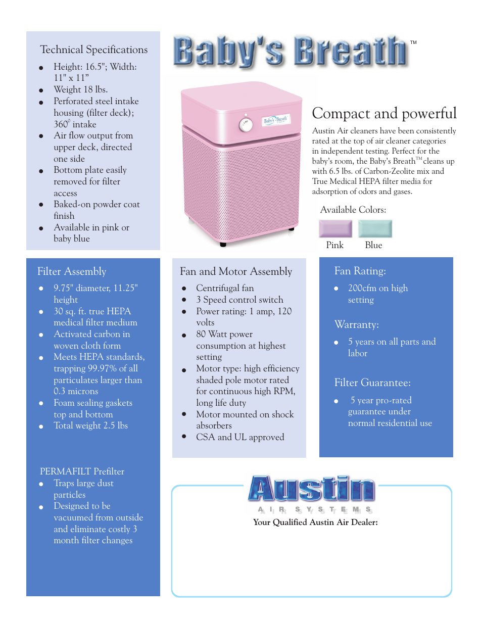 Compact and powerful, Fan and motor assembly, Technical specifications | Filter assembly, Fan rating, Warranty, Filter guarantee | Activeforever Austin Air Baby's Breath Air Purifier User Manual | Page 2 / 2