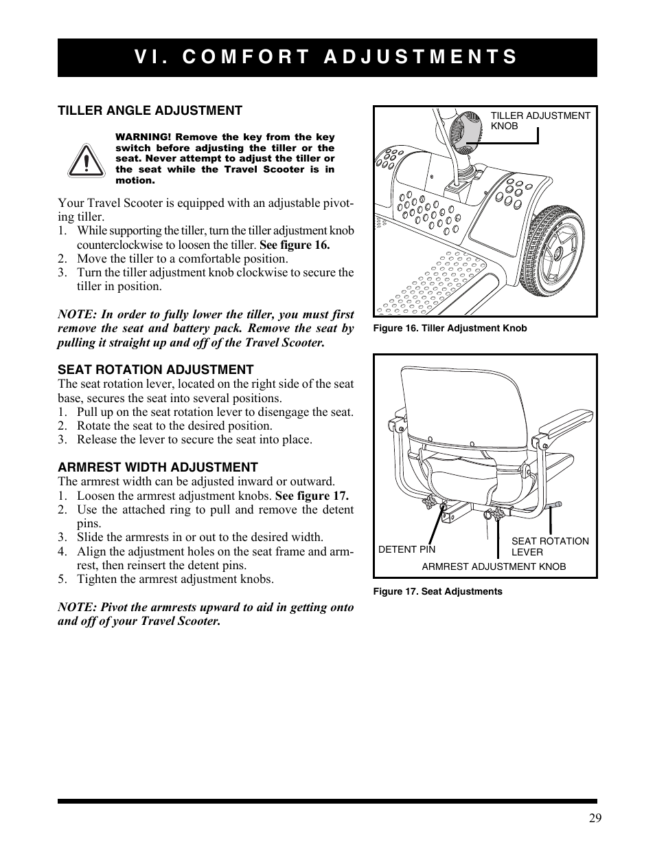 Vi. comfort adjustments, Figure 16. tiller adjustment knob, Figure 17. seat adjustments | Activeforever Pride Go Go Elite Traveller Plus Electric Scooter User Manual | Page 29 / 40